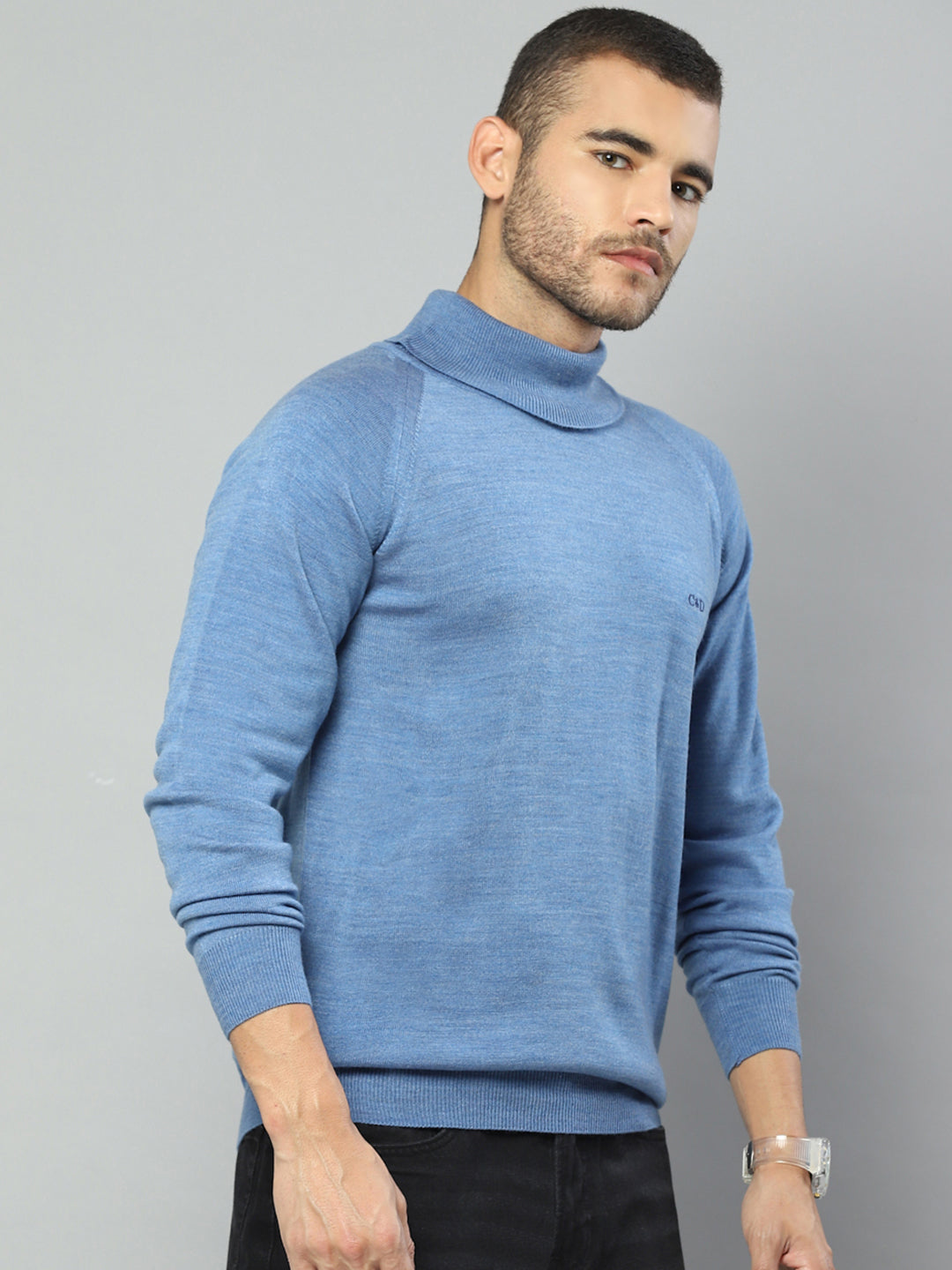 Men Blue Solid High Neck Full Sleeve Pullover