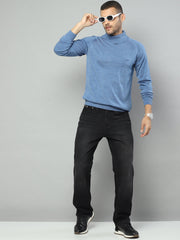 Men Blue Solid High Neck Full Sleeve Pullover