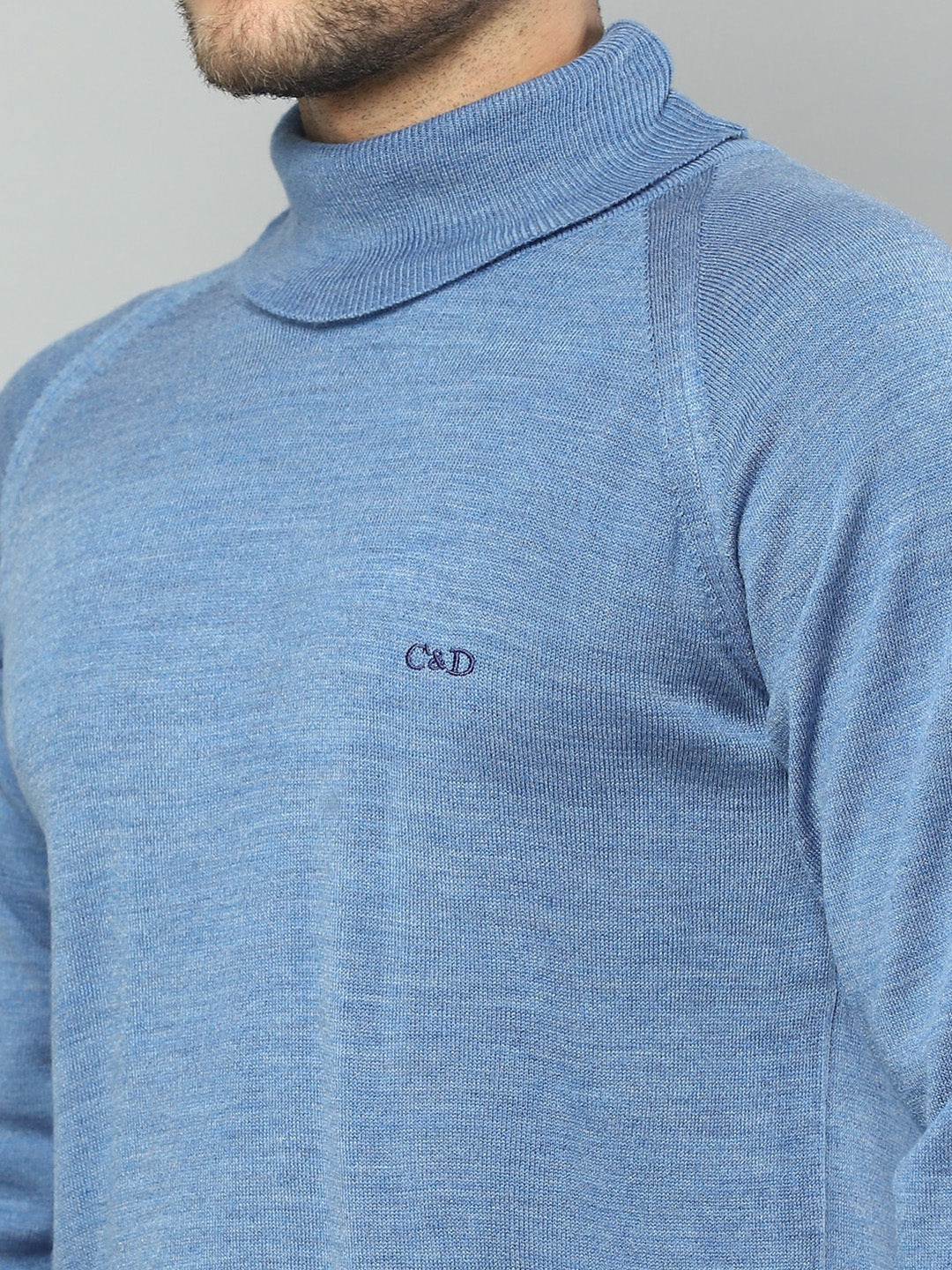 Men Blue Solid High Neck Full Sleeve Pullover