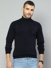 Men Navy Blue Solid High Neck Full Sleeve Pullover