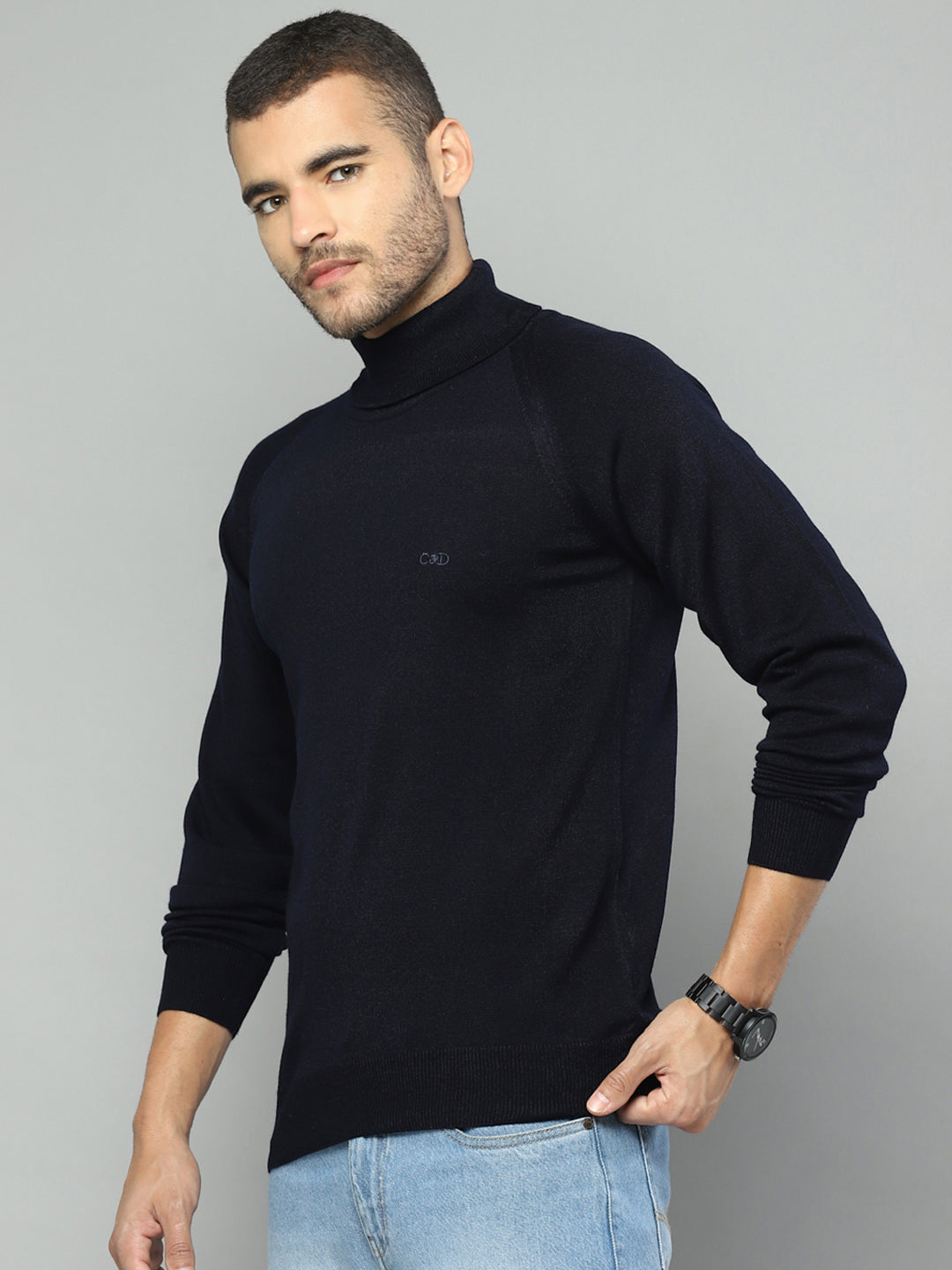 Men Navy Blue Solid High Neck Full Sleeve Pullover