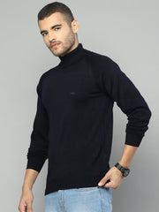 Men Navy Blue Solid High Neck Full Sleeve Pullover