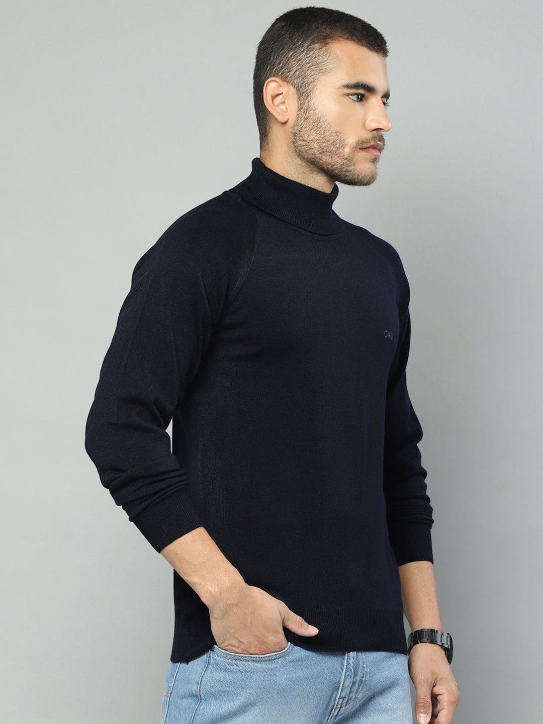 Men Navy Blue Solid High Neck Full Sleeve Pullover