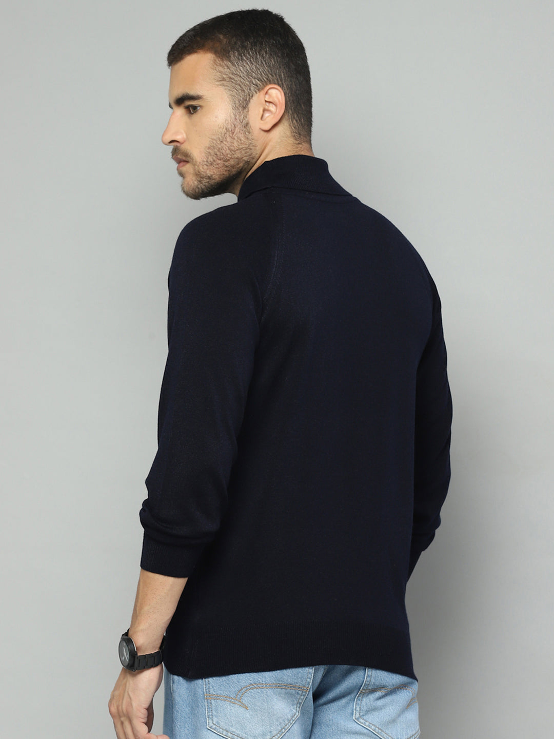 Men Navy Blue Solid High Neck Full Sleeve Pullover