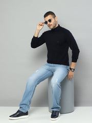 Men Navy Blue Solid High Neck Full Sleeve Pullover
