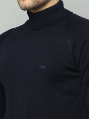 Men Navy Blue Solid High Neck Full Sleeve Pullover