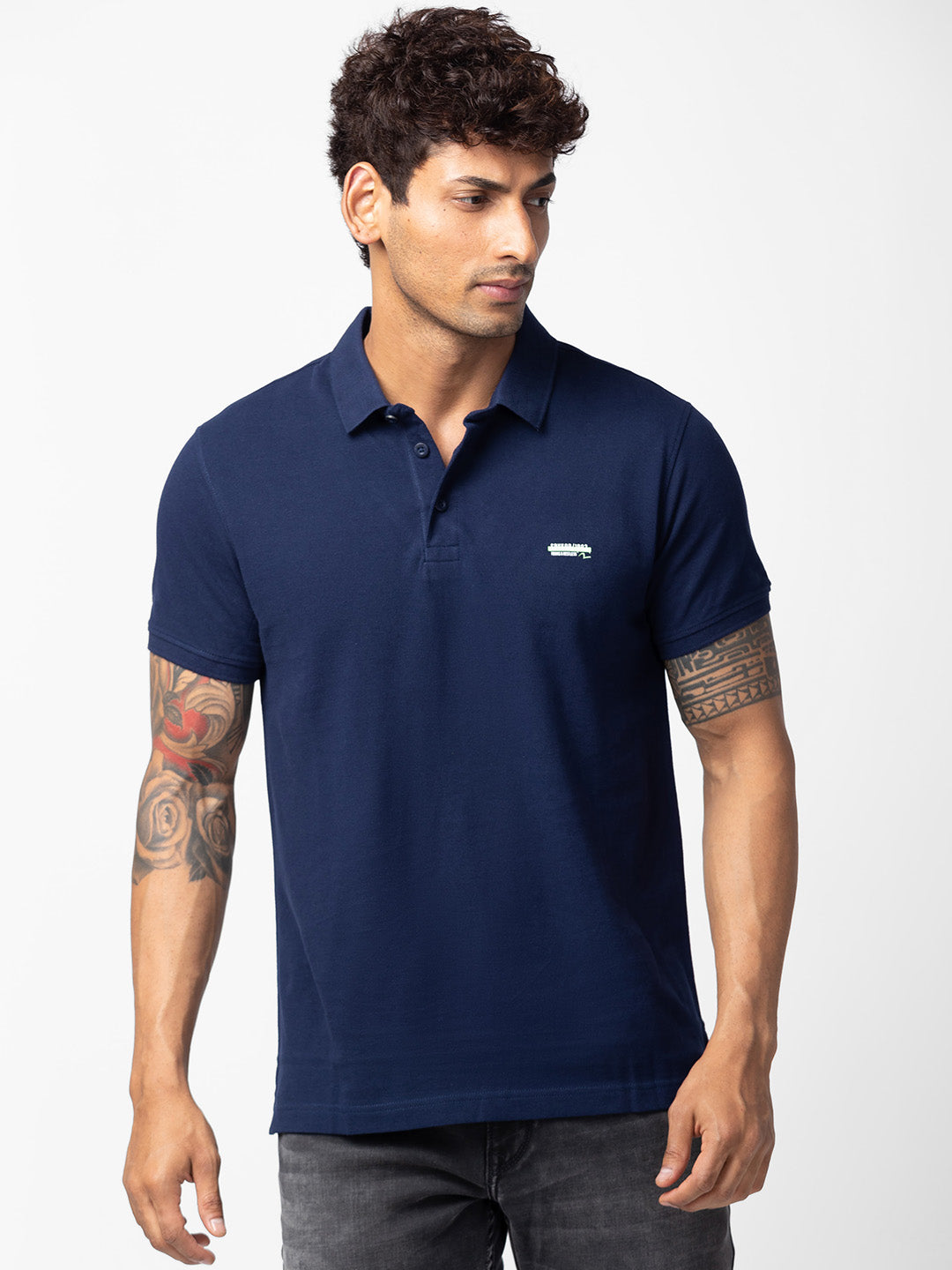 Men Navy Blue Cotton Regular Fit Half Sleeve Plain Polo T-Shirt