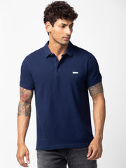 Men Navy Blue Cotton Regular Fit Half Sleeve Plain Polo T-Shirt