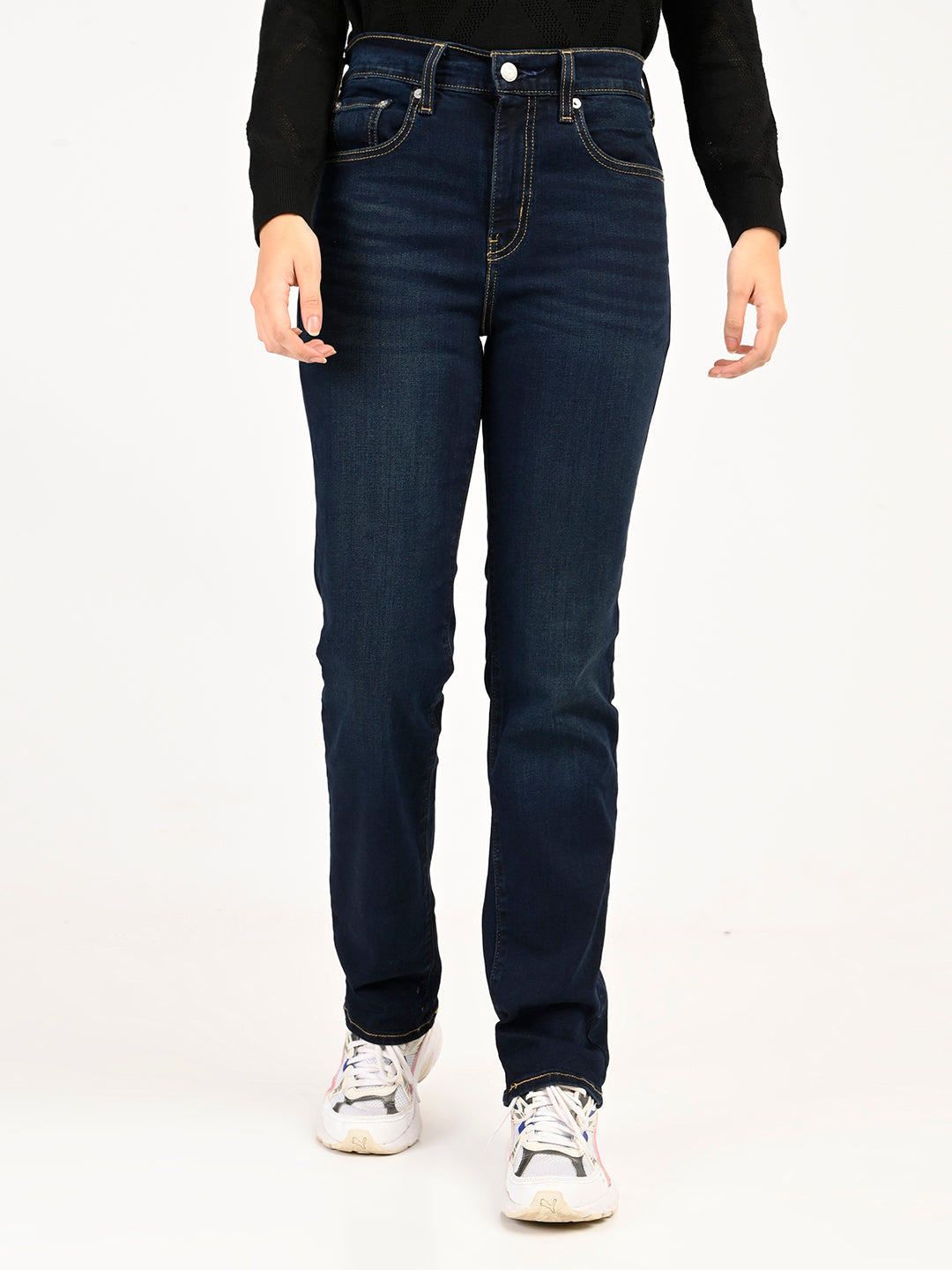 Levi's women's dark blue slim straight fit high-rise jeans, front view showing classic five-pocket design and sleek fit.