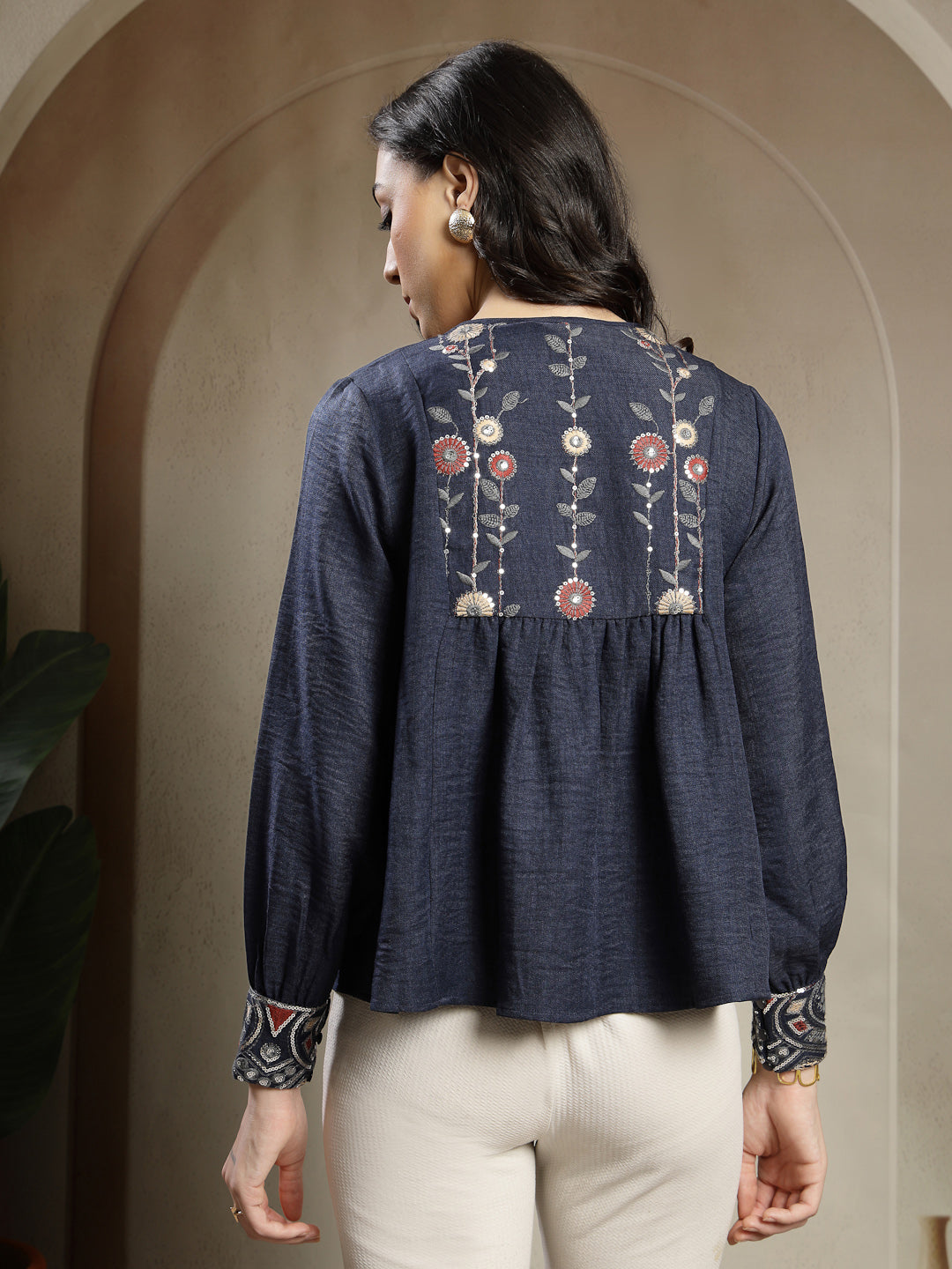 Gipsy Navy Tunic With Metal Engraved Buttons, Cuff And Yoke Embroidery