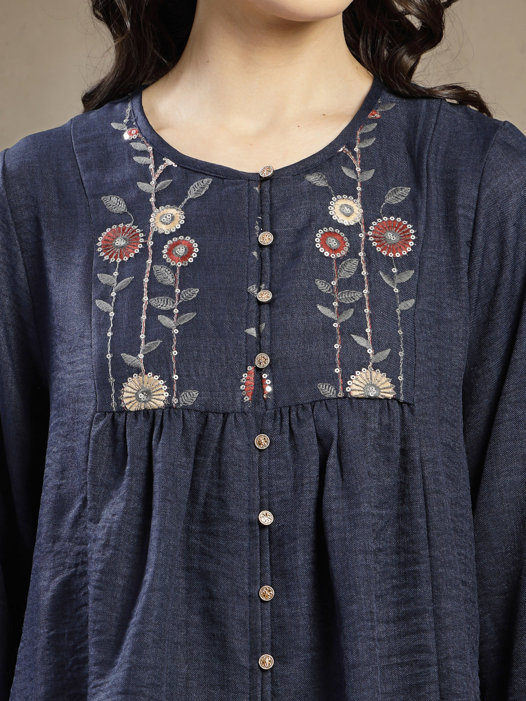 Gipsy Navy Tunic With Metal Engraved Buttons, Cuff And Yoke Embroidery