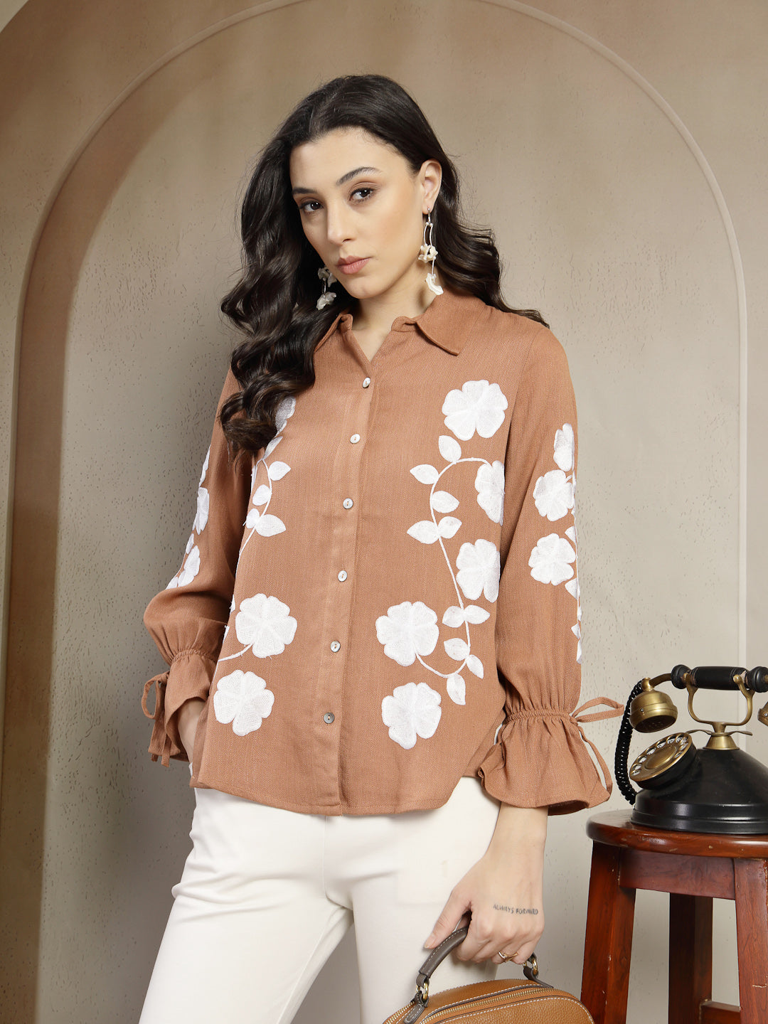 Gipsy Tan Shirt With Intricate Machine Embroidery And Elegant Shell Buttons