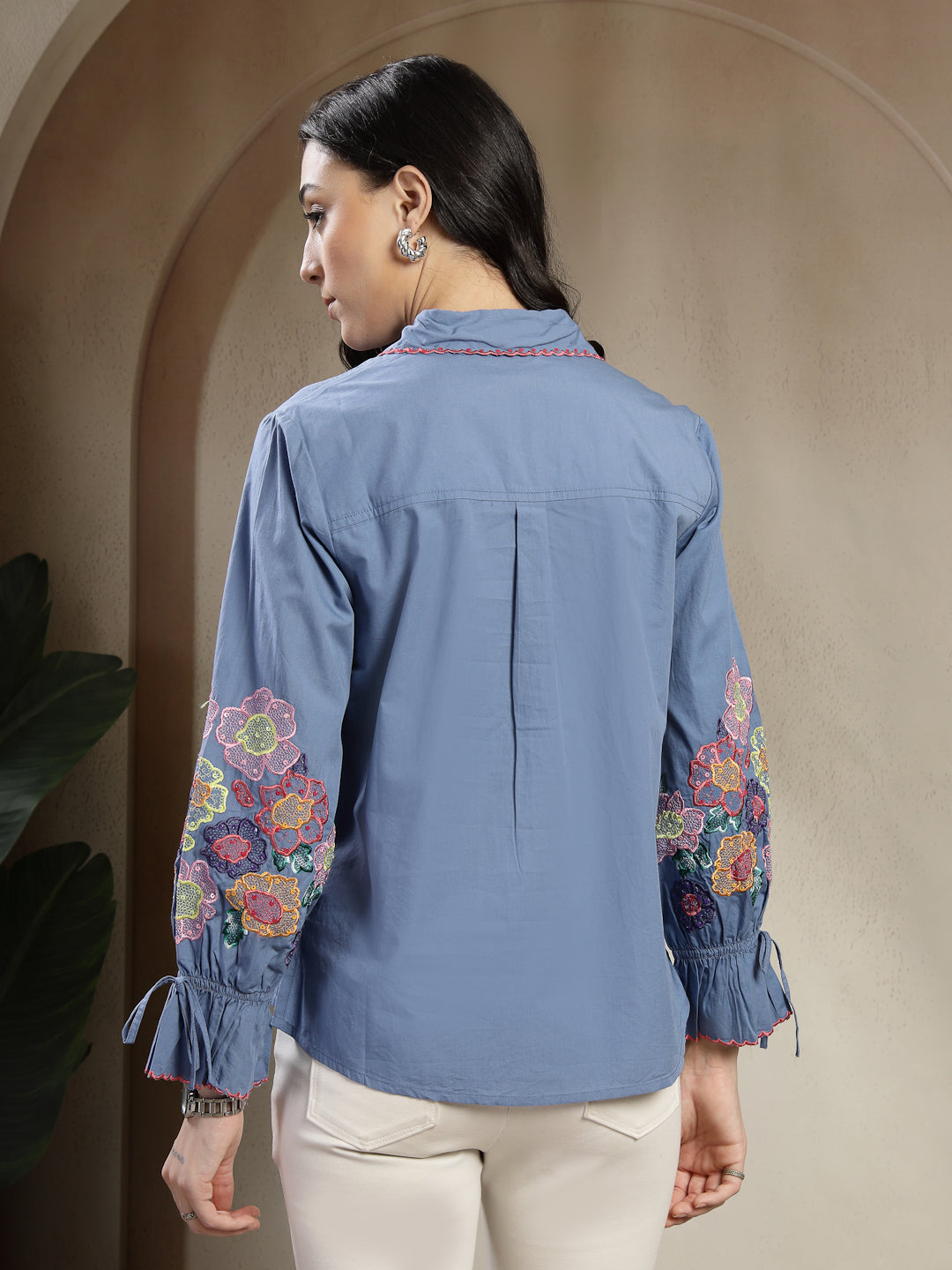 Gipsy Blue Cotton Shirt With Colourful Embroidered Sleeves