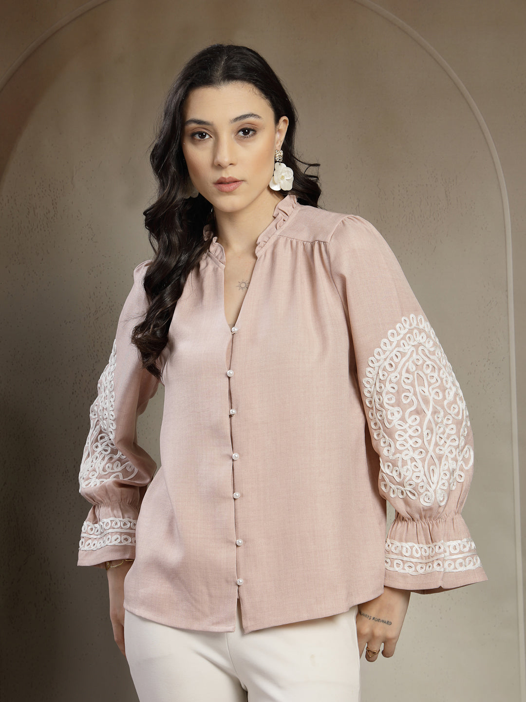 Gipsy Beige A-Line Top With Embroidered Long Flounce Sleeves And Smart Button Detailing