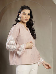 Gipsy Beige A-Line Top With Embroidered Long Flounce Sleeves And Smart Button Detailing