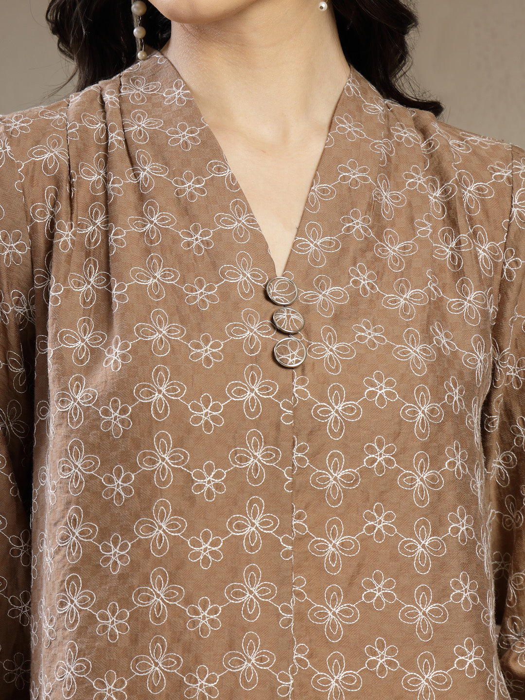 Gipsy Beige A-Line Top With Embroidered Long Flounce Sleeves And Smart Button Detailing