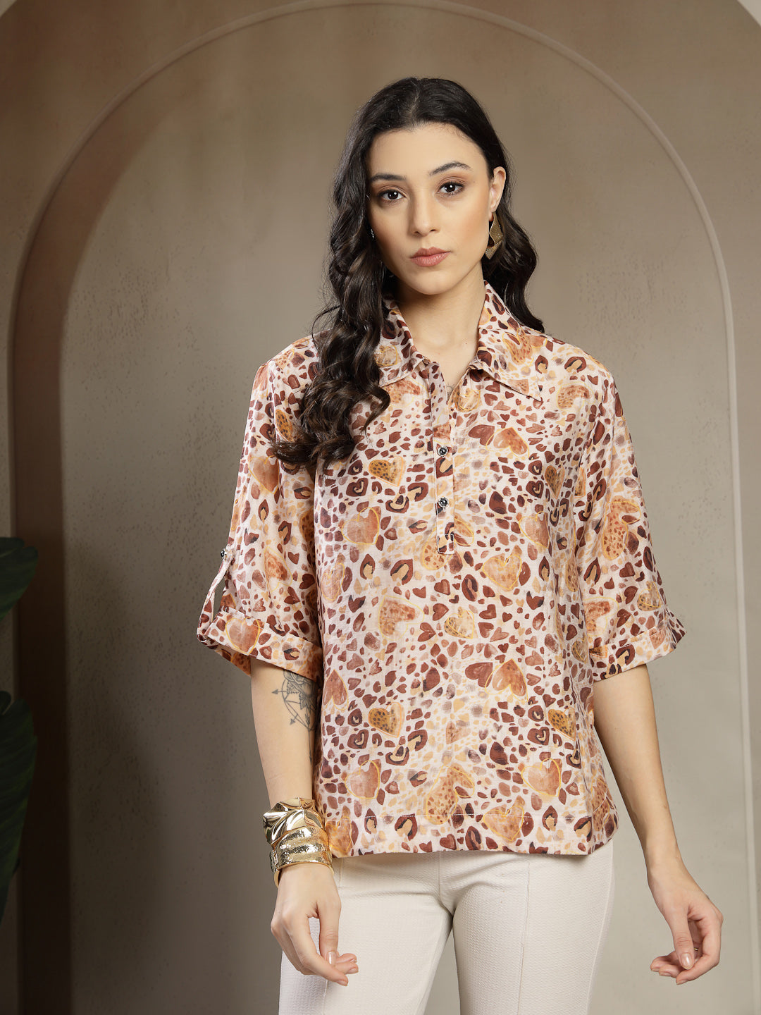Gipsy brown rayon printed V-neck tunic for ladies with western style, featuring floral patterns and relaxed fit.