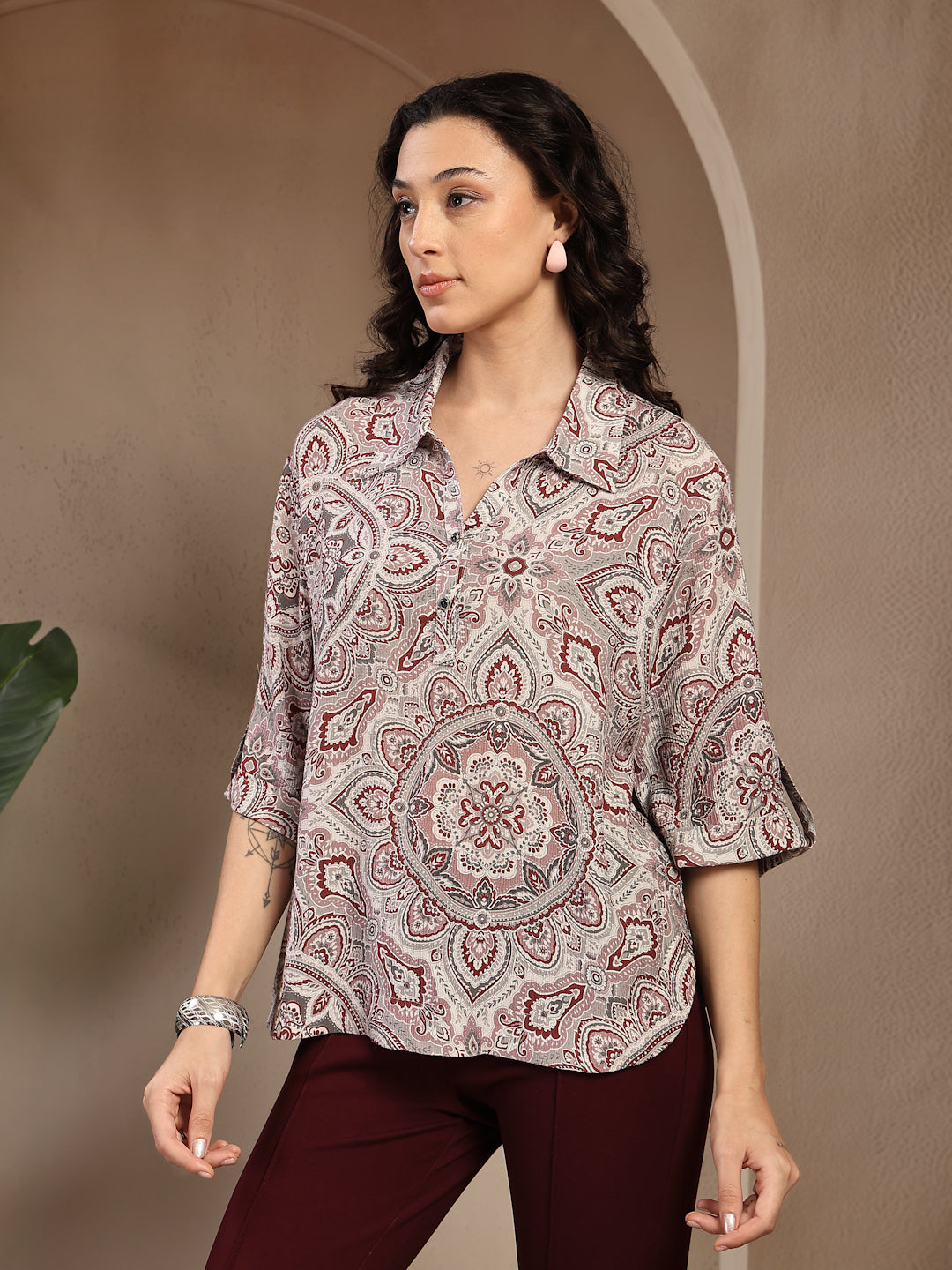 Gipsy Brown Rayon Printed V-Neck Tunic