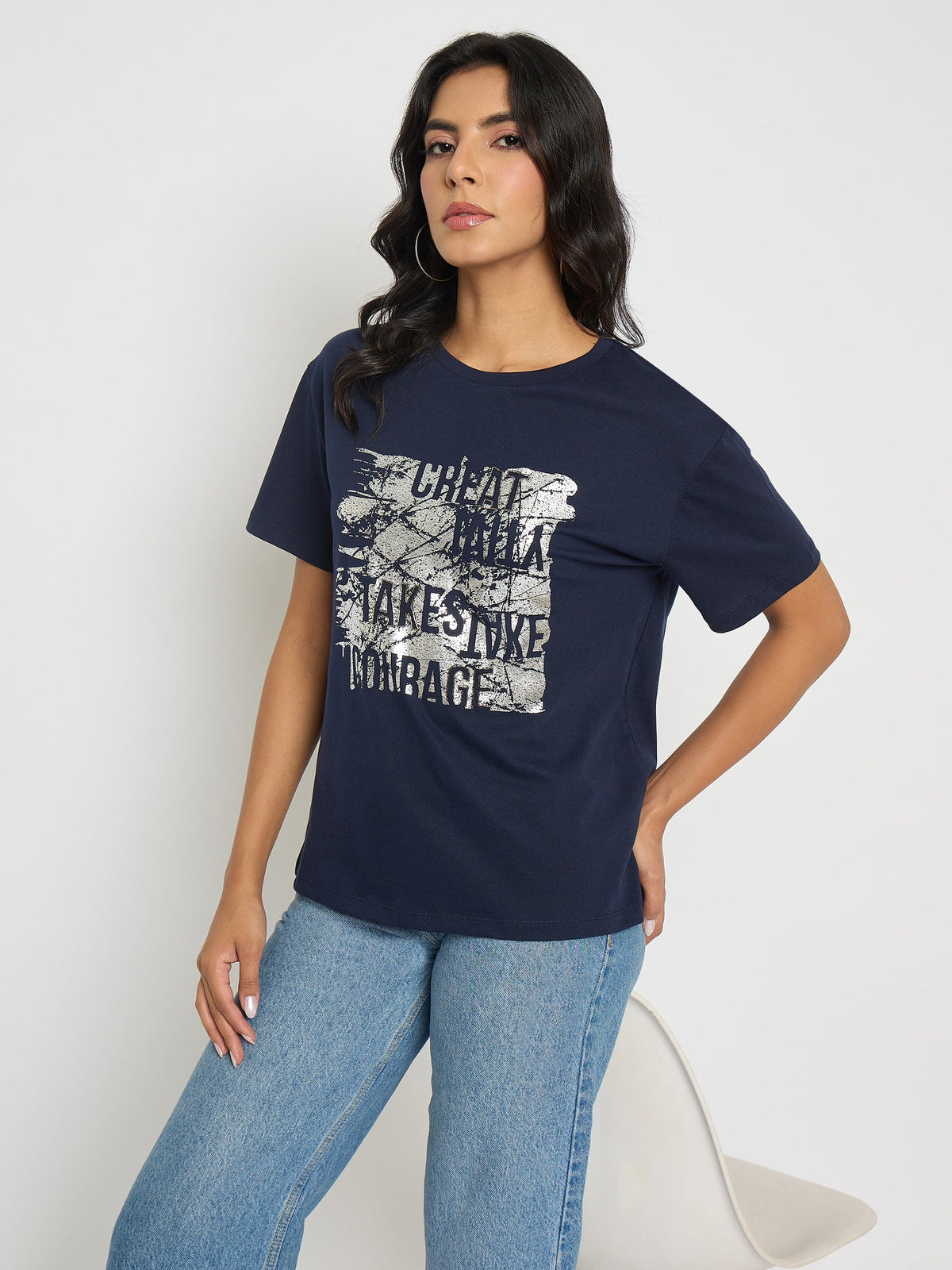 Madame Graphic And Typography Print Navy Blue Cotton T-Shirt