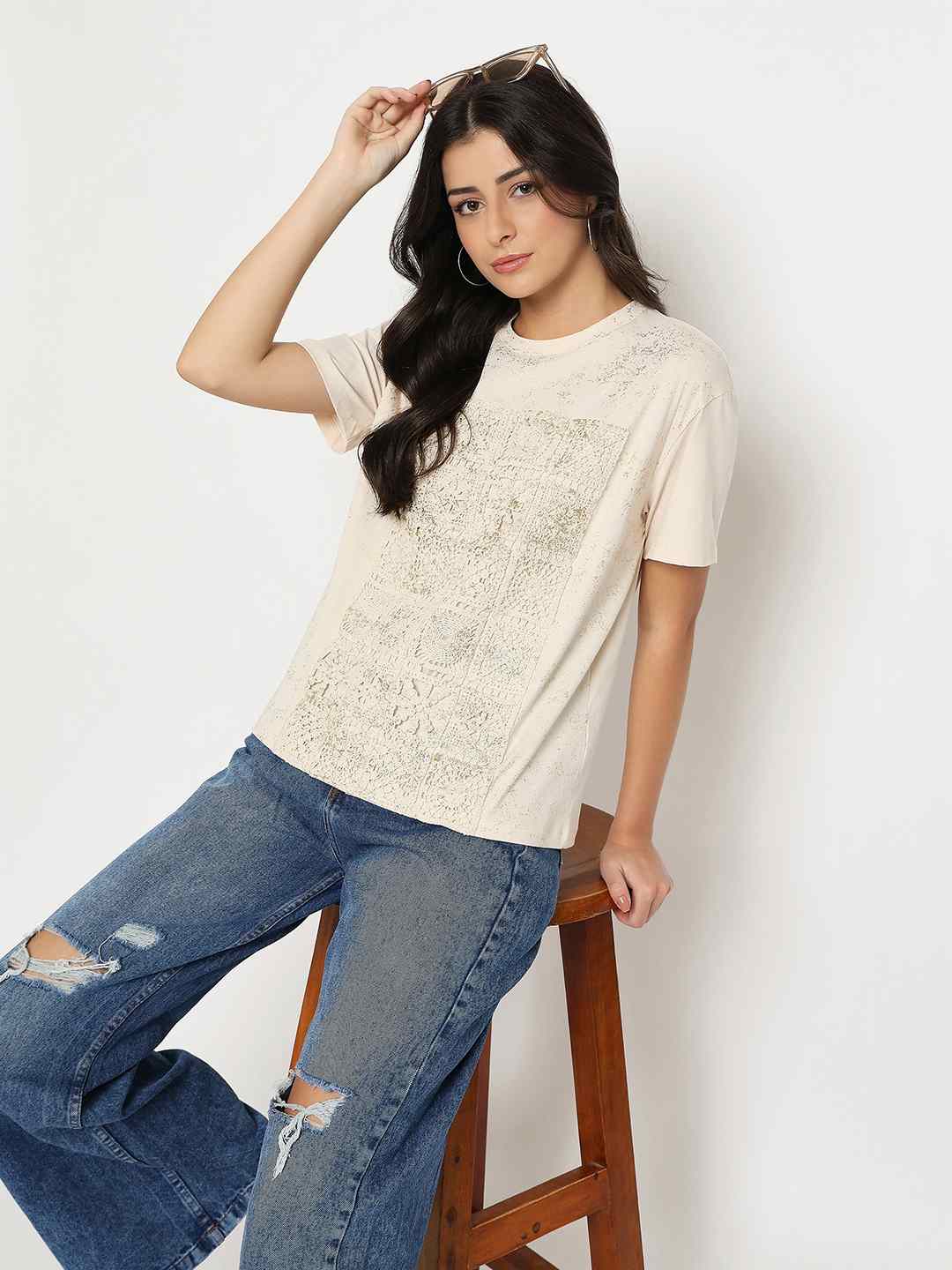 Madame Dori Embroidery Cotton Blend Beige T-Shirt