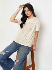 Madame Dori Embroidery Cotton Blend Beige T-Shirt