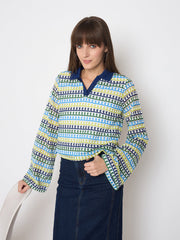 Madame Crochet Contrasting Collar Blue Top