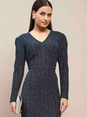 Madame Overlapping Detailed Navy Blue Knitted Midi Dress