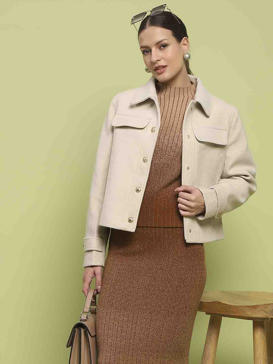 Madame Button Down Collared Off White Short Coat