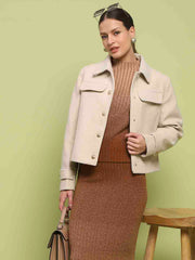 Madame Button Down Collared Off White Short Coat