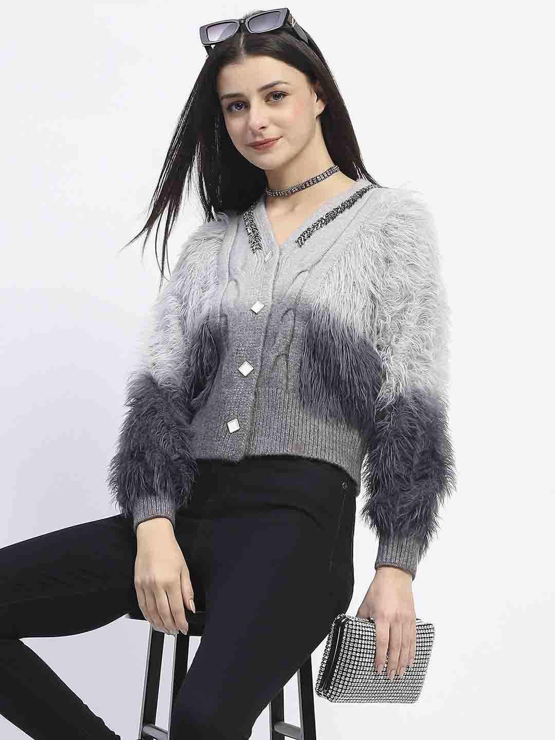 Madame Embellished Ombre V Neck Grey Sweater