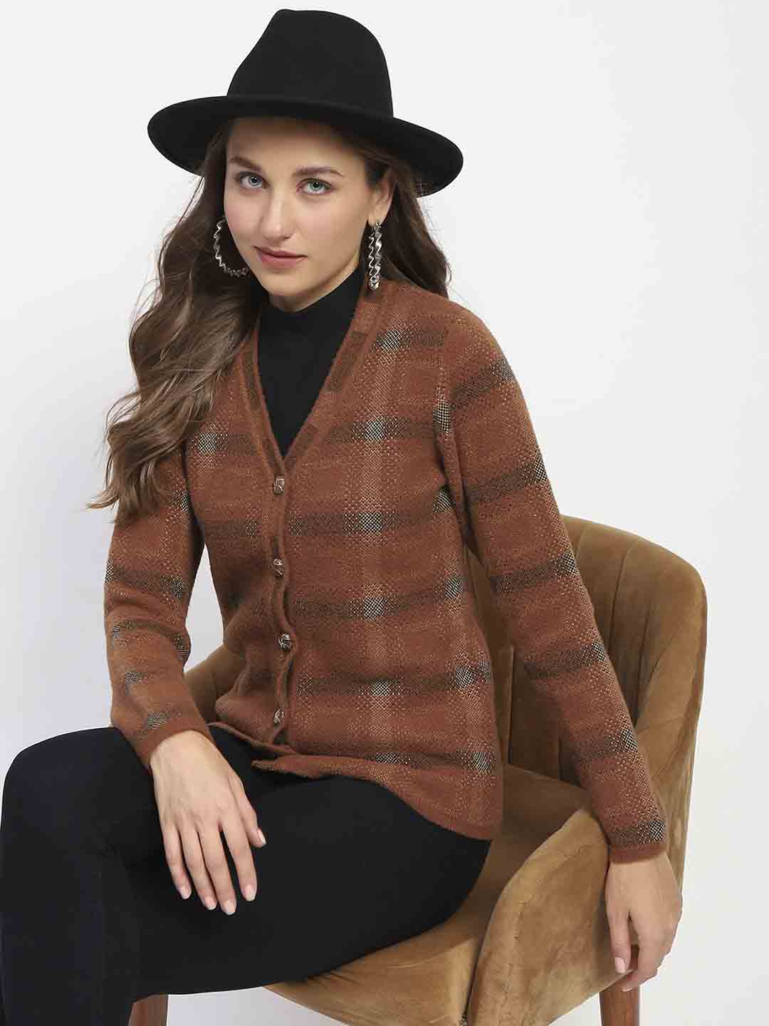 Madame Striped Brown V-Neck Buttoned Cardigan