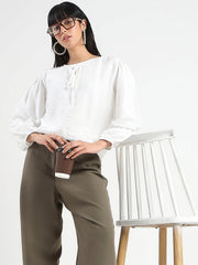 Madame Tie Neck Off White Rayon Blend Top