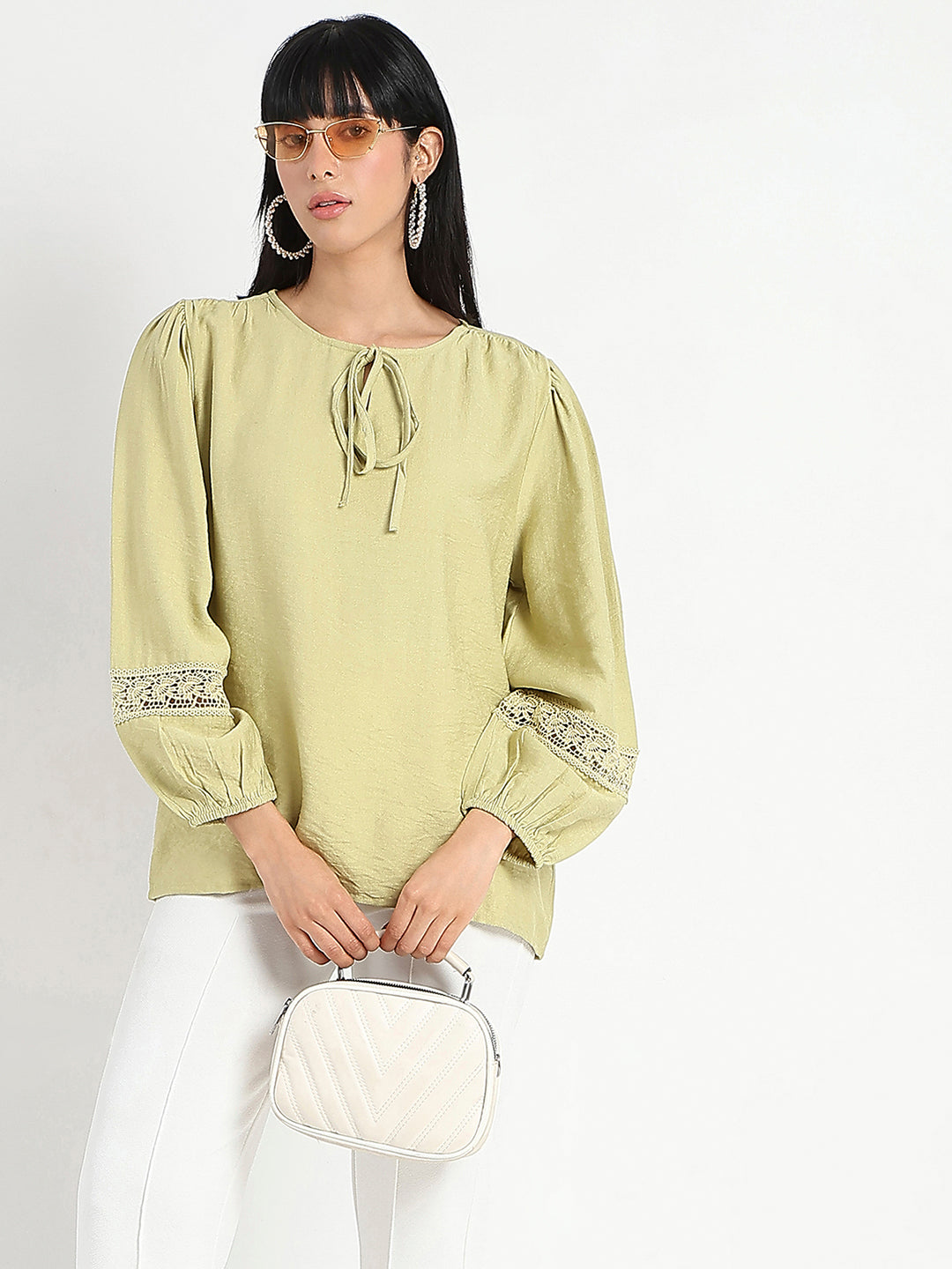 Madame Tie Neck Green Rayon Blend Top