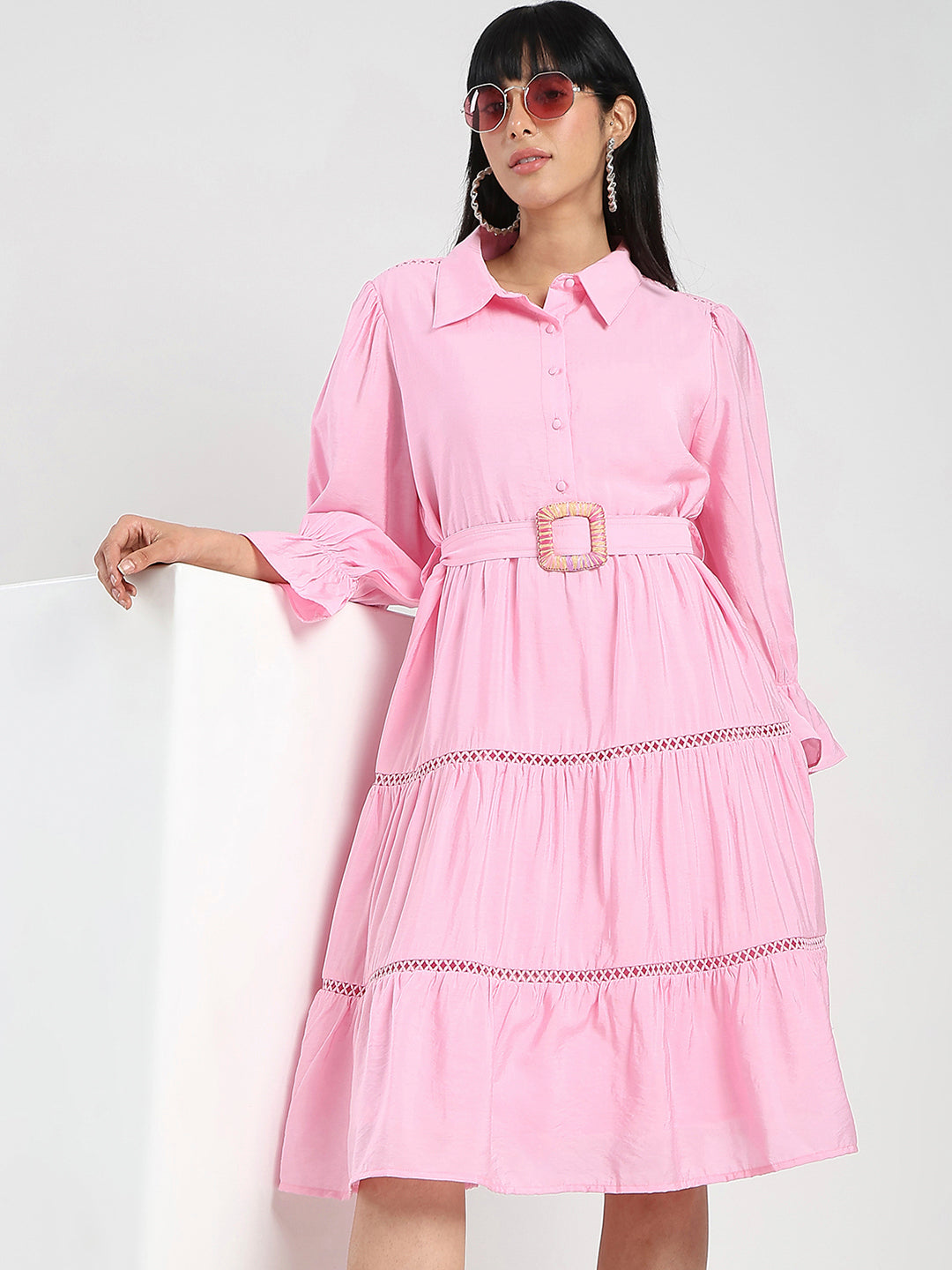 Madame Tiered Pink Rayon Blend Fit And Flare Mini Dress