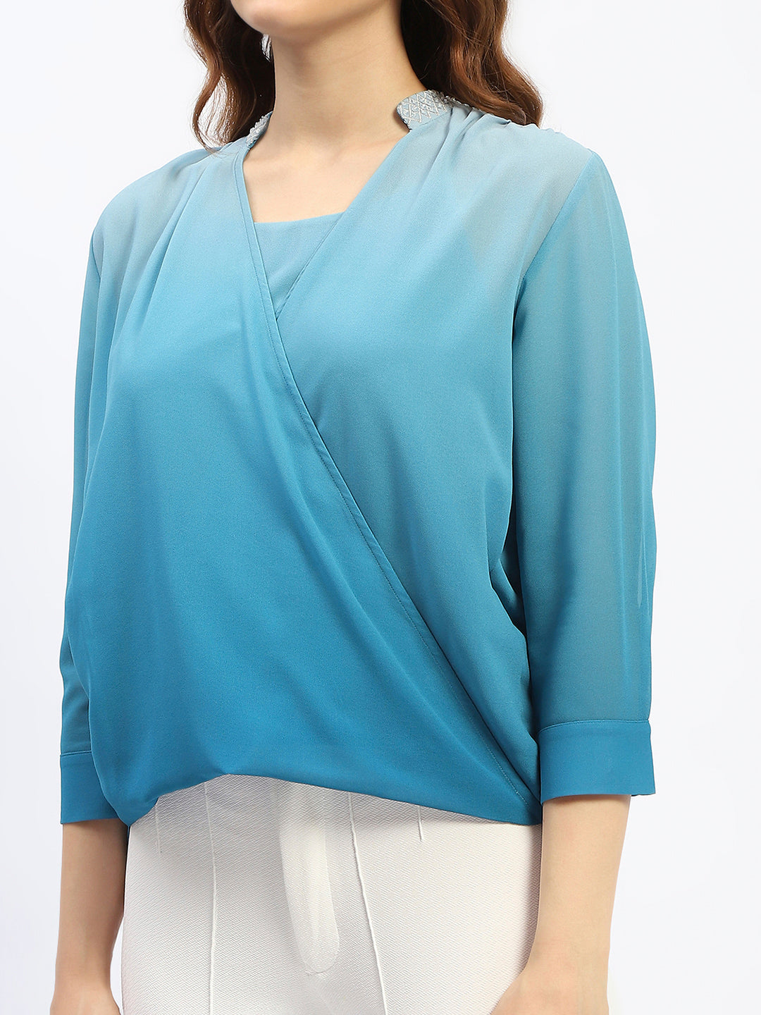 Madame Mandarin Neck Ombre Teal Drape Top