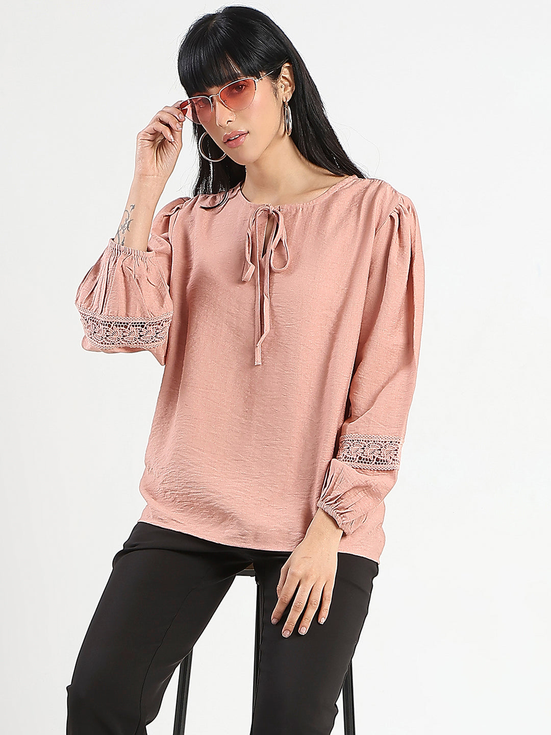Madame Tie Neck Blush Pink Rayon Blend Top
