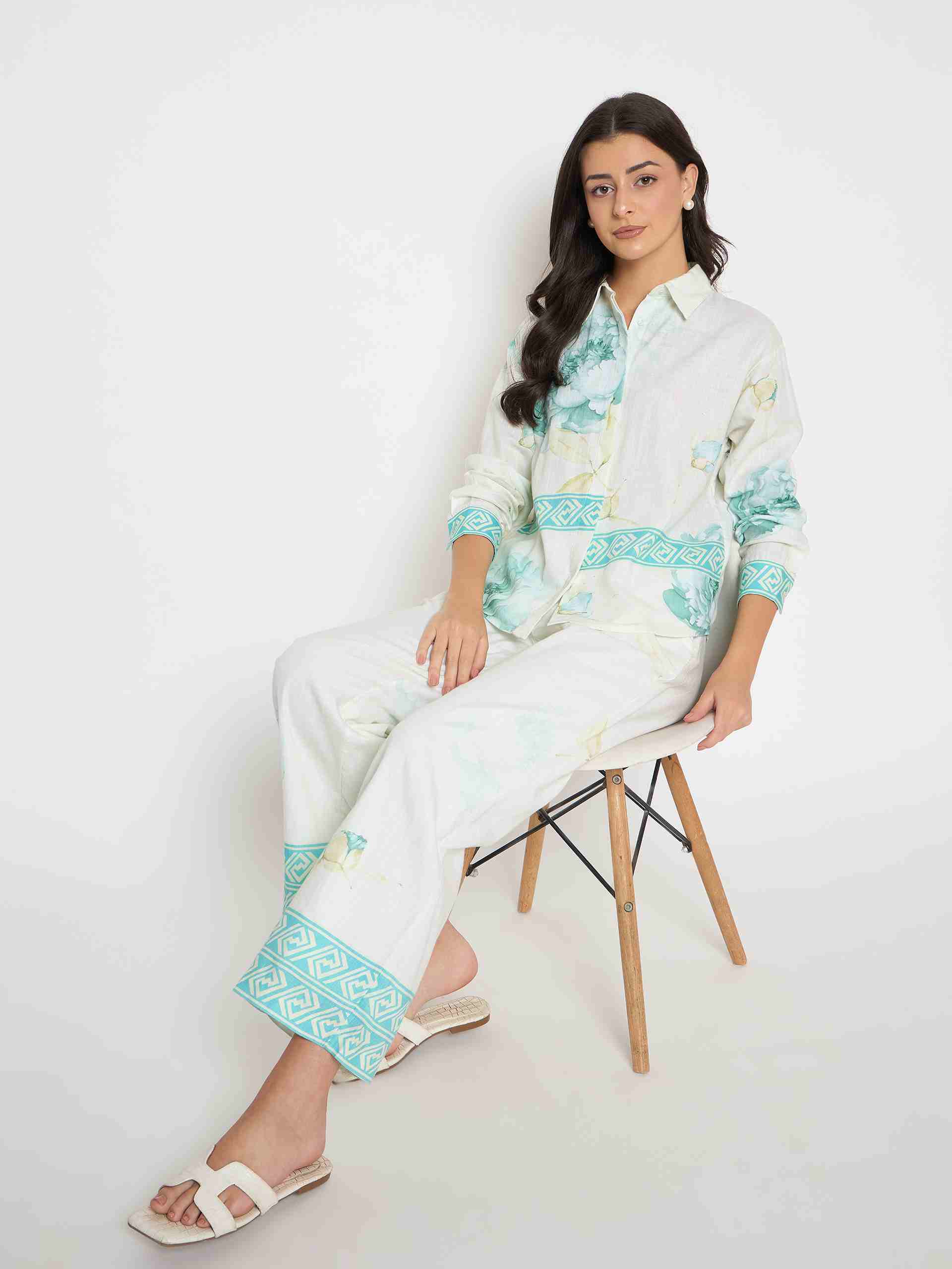 Sea green Madame Ladies Western fashion set, stylish upper and top, worn by a woman in a modern Western-inspired outfit.