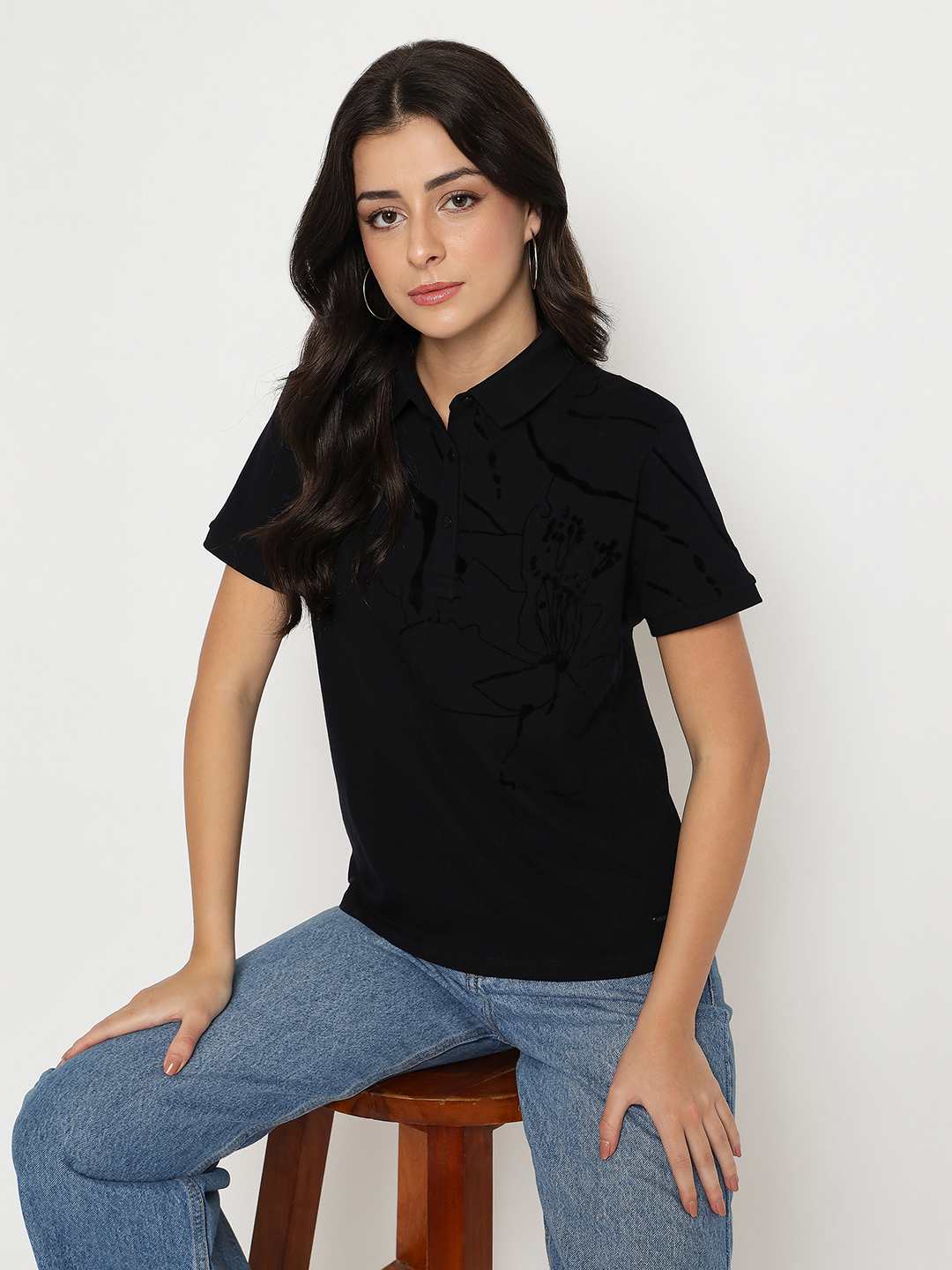 Madame Solid Black Cotton Blend T-Shirt