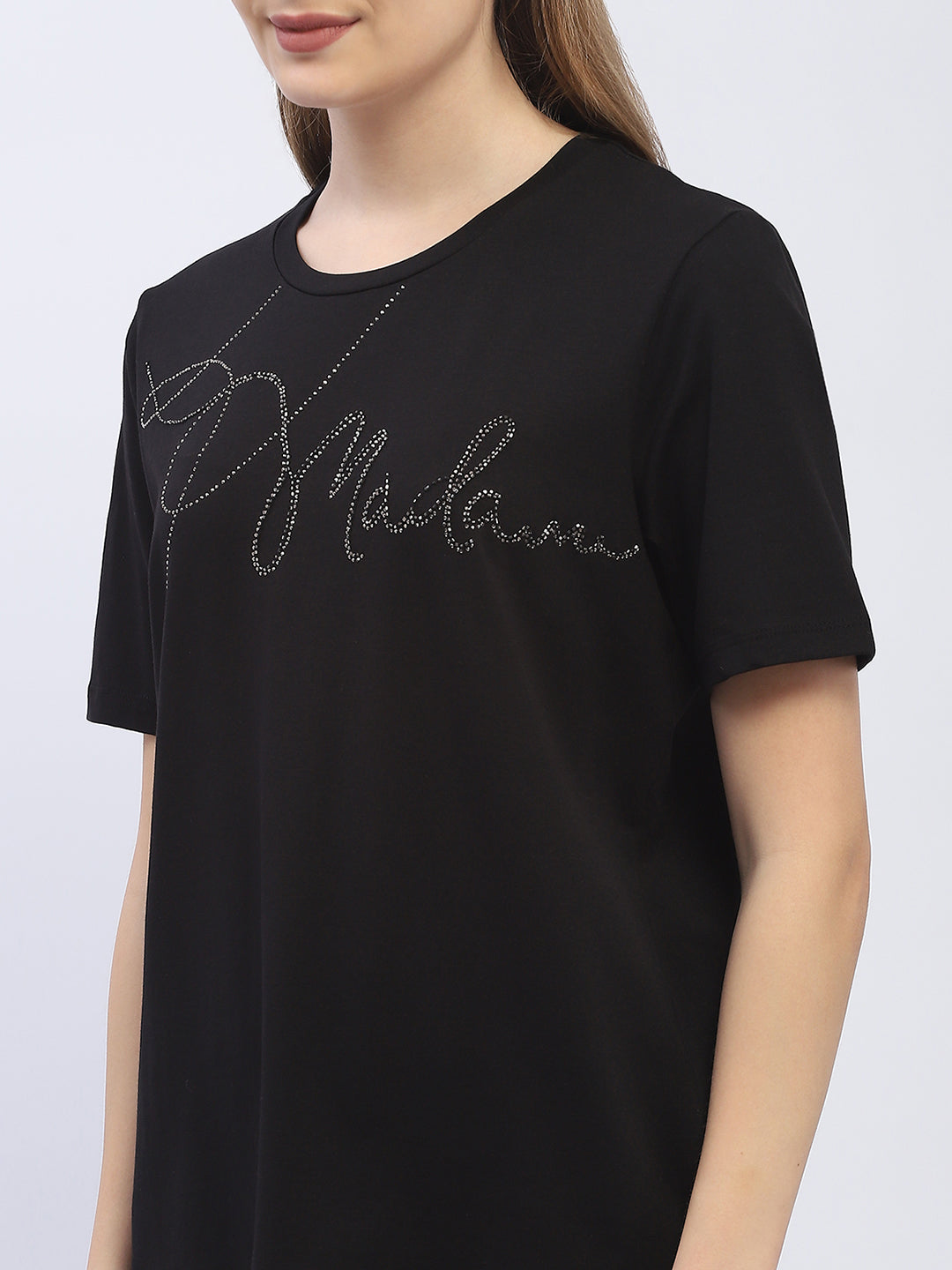 Madame Embellished Typography Black Regular T-Shirt