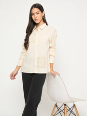 Madame Patchwork And Lace Detailed Beige Cotton Shirt