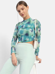 Madame Abstract Print Mint Green Asymmetrical Hem Top