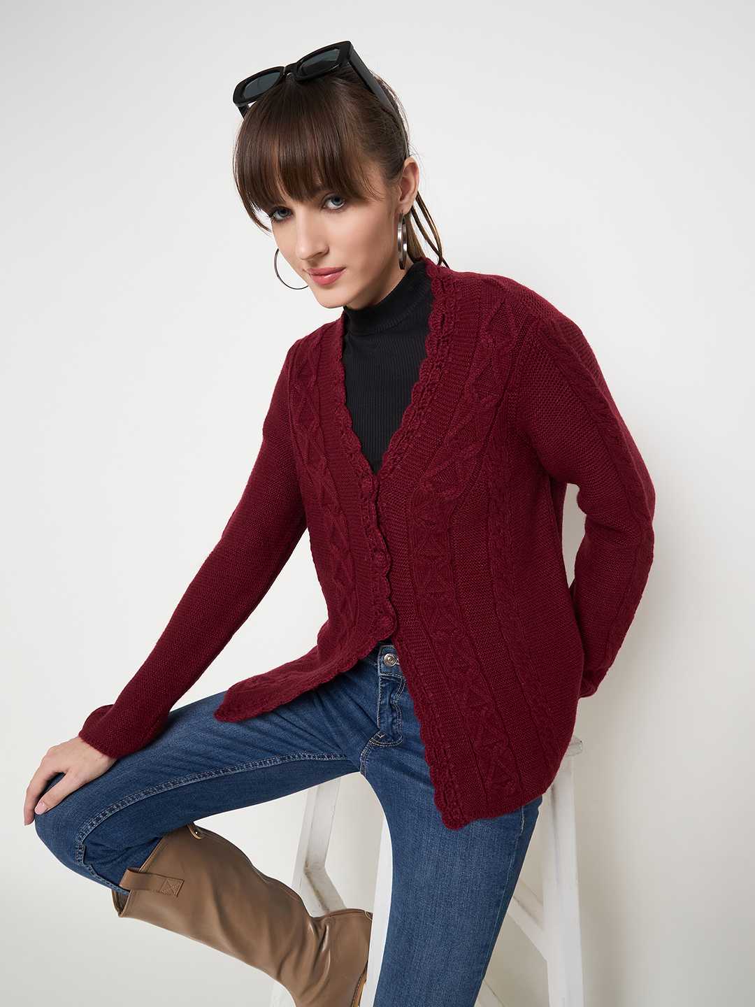 Madame Maroon Cable Knit Acrylic Cardigan
