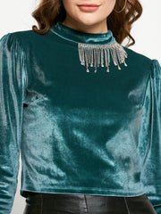 Madame Peacock Blue Rhinestone Embellished Mock Neck Velvet Top