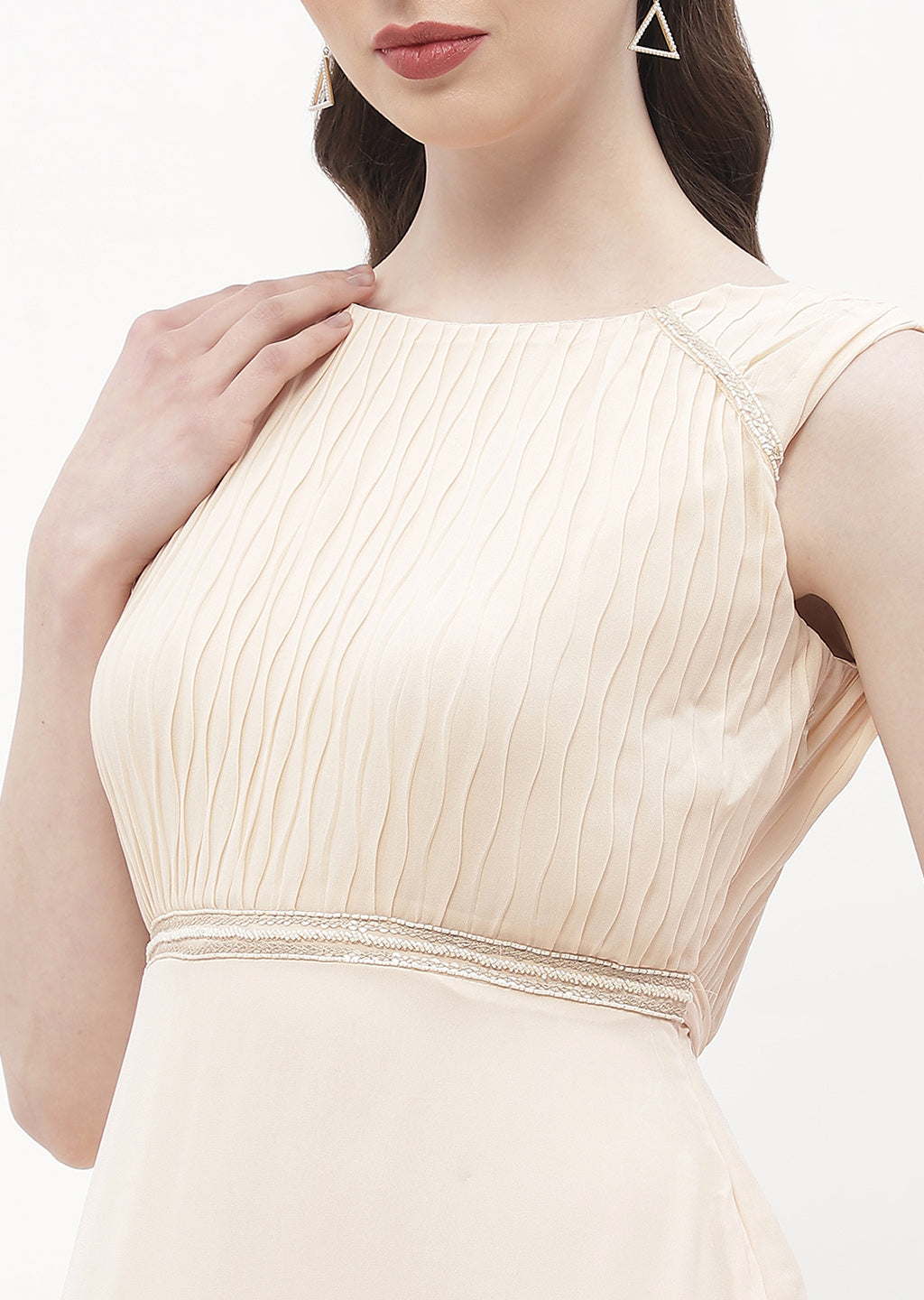 Madame Embellished Beige Crew Neck Maxi Dress