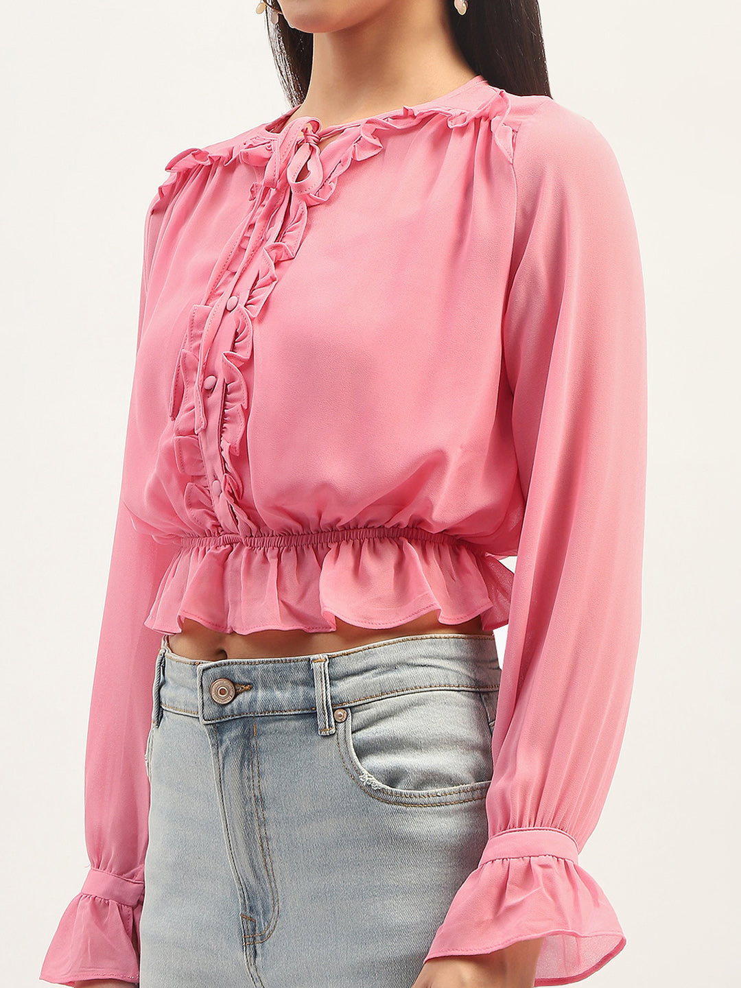 Madame Pink Ruffle Detailing Peplum Top
