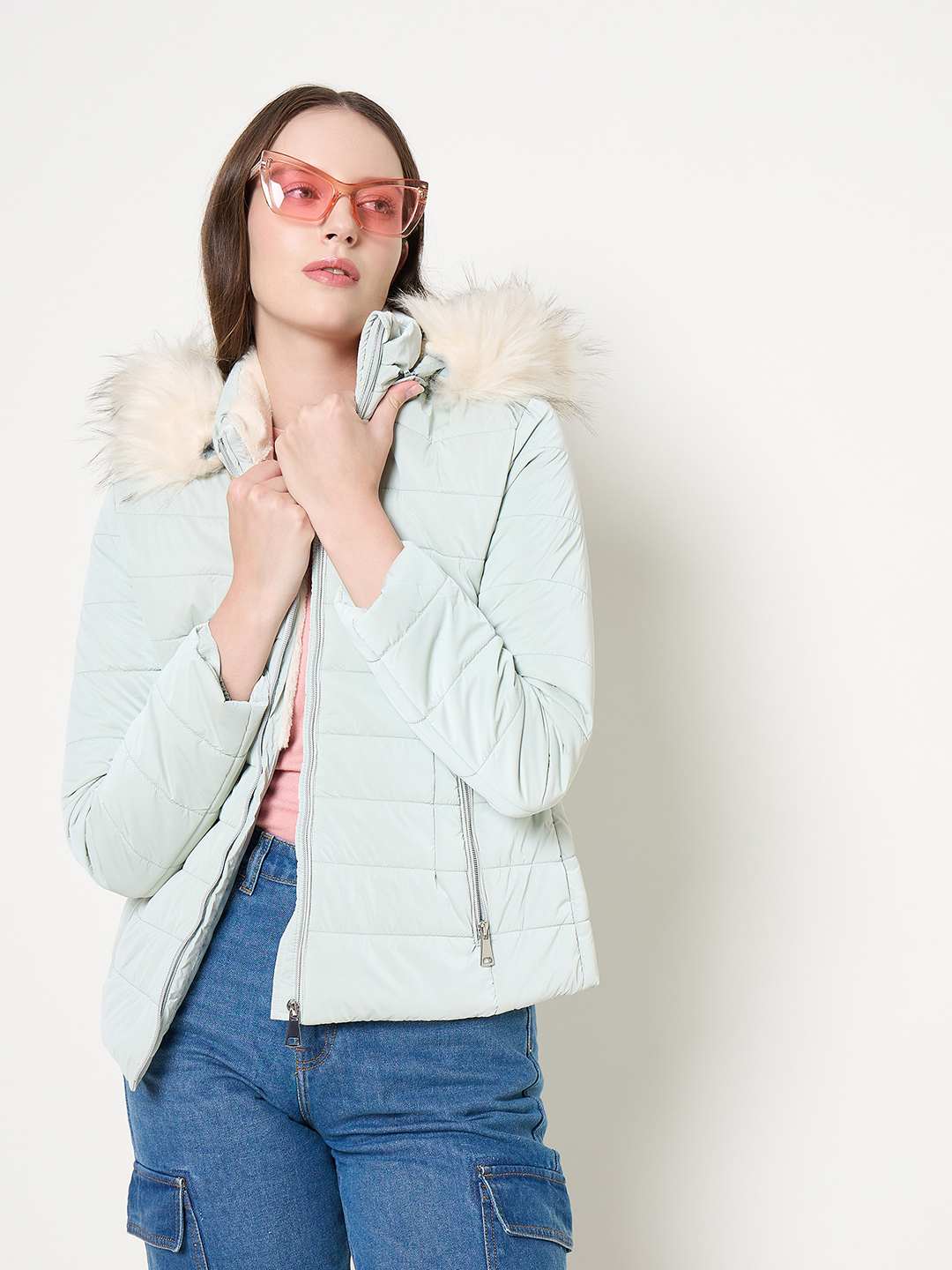 Madame Nylon Detachable Hood Quilted Light Blue Short Jacket