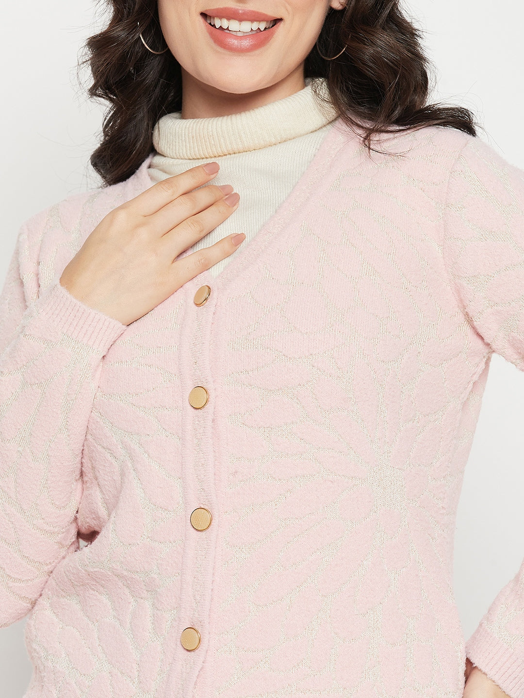 Madame V-Neck Solid Pink Cardigan
