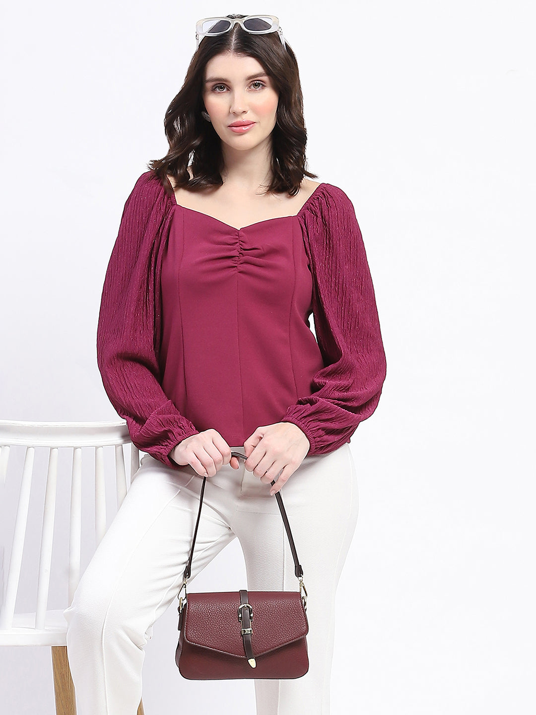 Madame Sweetheart Neck Elasticated Rush Detailed Solid Plum Knit Moss Top
