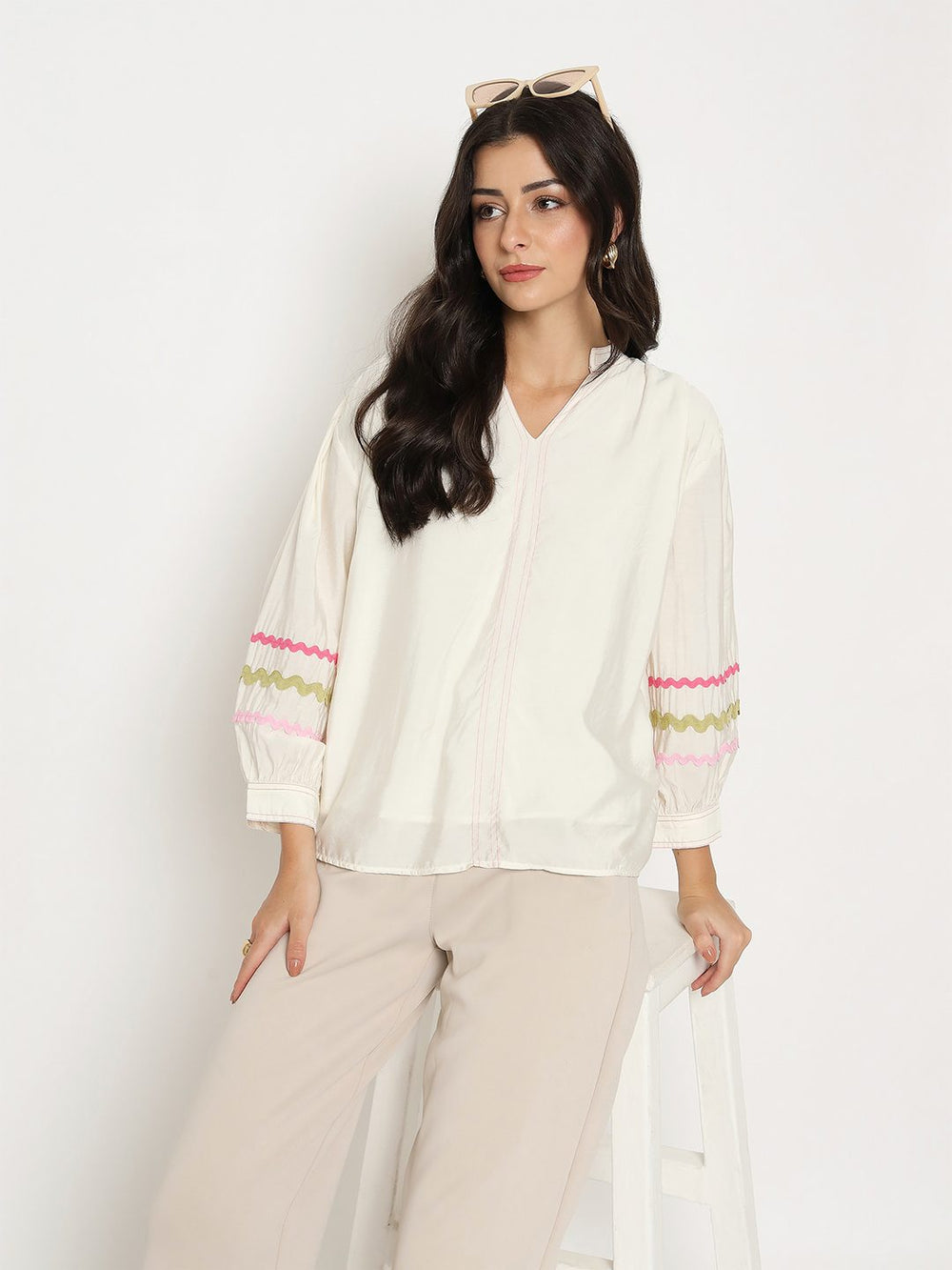 Off-white Madame ladies Western top with long sleeves, casual style, and western-inspired design, perfect for everyday wear.