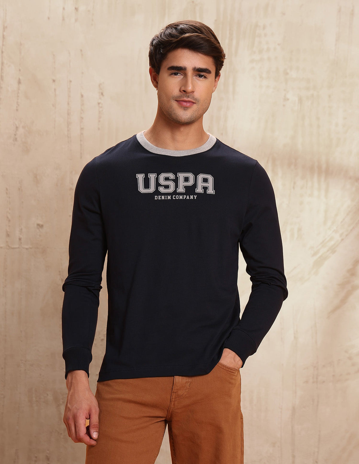 U.S. Polo men's long-sleeve T-shirt in classic design, made from soft fabric, displayed on a neutral background.